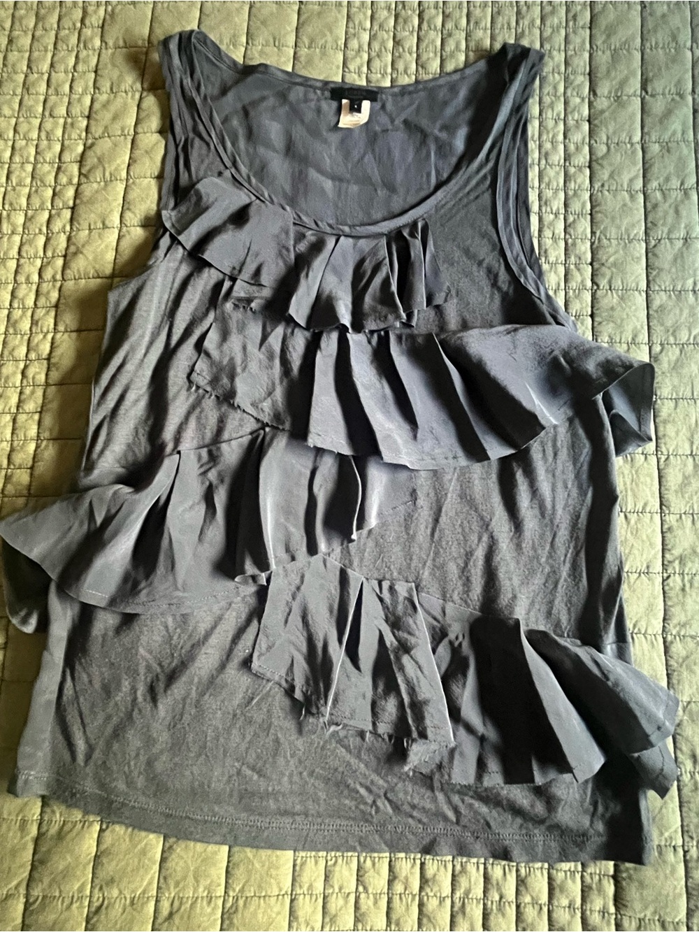 J.Crew raw-edge asymmetric ruffle silk tank top charcoal gray S
